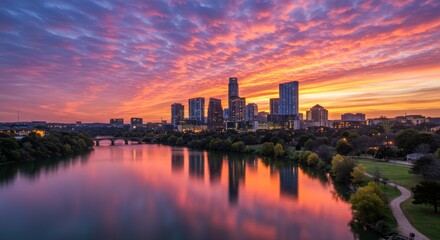 Stunning Sunset Over Austin Skyline with Vibrant Colors Reflected in Calm Water, Featuring Urban Landscape and Natural Beauty at Lady Bird Lake
