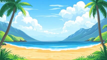 Obraz premium Tropical Beach Meets Majestic Mountains with Lush Greenery and Cloudscape Paradise.