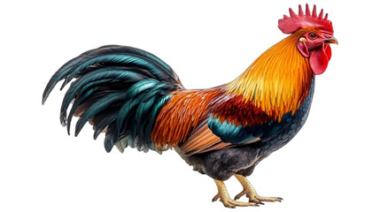 Fototapeta premium A single, vibrant, and colorful male rooster captured mid-crow isolated on white background. Suitable for marketing or business purposes. PNG file