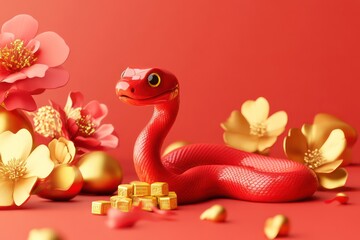 Obraz premium Cute red snake, blind box toy characters, Chinese New Year atmosphere background, gold ingots and flowers in the corner of the image, 