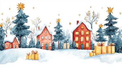 Fototapeta premium Winter wonderland celebration cozy village illustration snowy landscape festive view holiday spirit