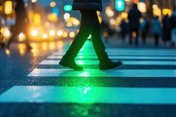 Fototapeta premium Person walking on a pedestrian crossing at night, illuminated by green traffic light. Illustrates safe urban pedestrian travel and city night life.
