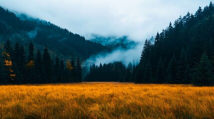 Autumnal Mountain Landscape with Foggy Valley and Golden Field