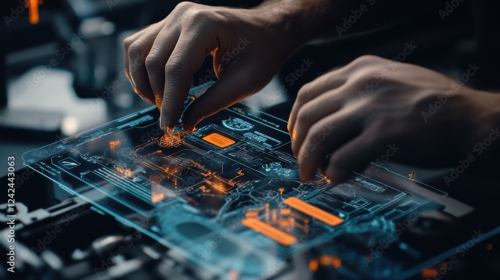 Poster engineer uses innovative transparent display technology to interact with and design a futuristic cir