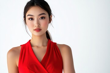 An Asian model on a white background wearing a red pencil dress 