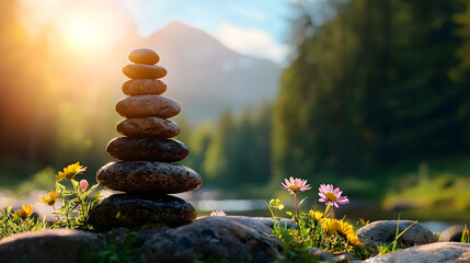 Obraz premium Balanced Dark Stones Stacked near Mountain River