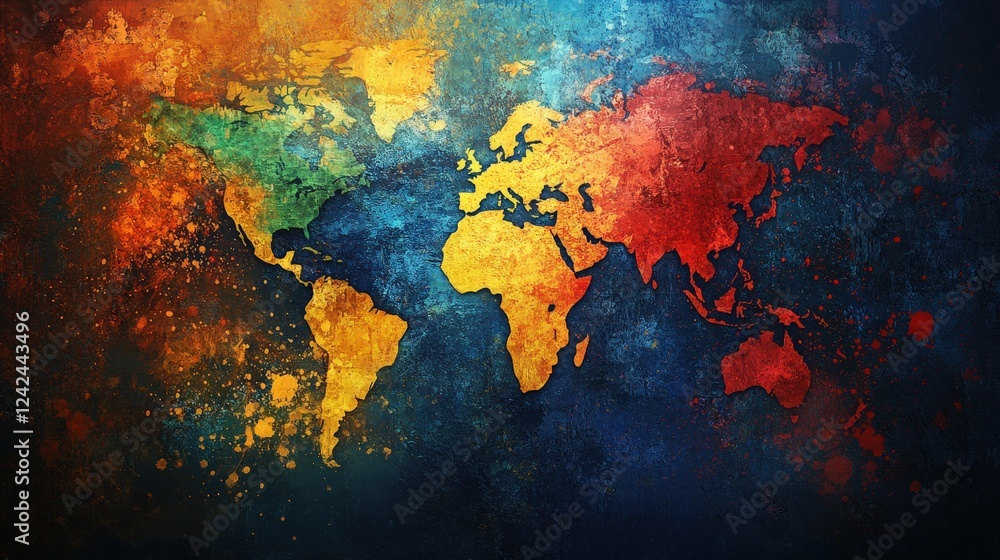 Poster vibrant grunge abstract background with world map in colorful hues ideal for creative projects and a