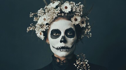 Young woman is wearing skull makeup and a flower crown for halloween