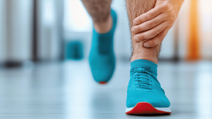 person running while holding their ankle, showing signs of discomfort. focus is on blue athletic shoes and individual leg