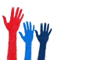 Obraz premium Red and Blue Hands Raised in Unity Against a White Background