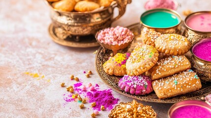 Fototapeta premium Holy festival celebration with colorful indian food and sweets vibrant atmosphere festive table setting