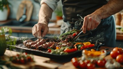 Chef arranging grilled beef and vegetables in a high-end kitchen