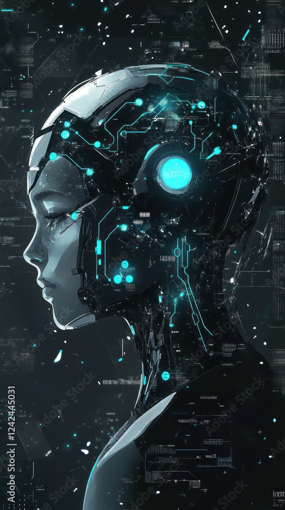 Poster futuristic female ai with glowing circuits processes digital data, ideal for tech blog use