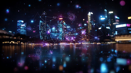 Obraz premium vibrant city skyline illuminated at night, enhanced with digital network overlay, showcasing connectivity and technology