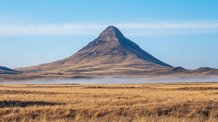 Obraz premium lone mountain peak rises above golden grassland, shrouded in soft mist under clear blue sky
