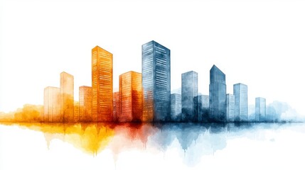 Fototapeta premium Vibrant City Skyline with Abstract Watercolor Effect and Reflection