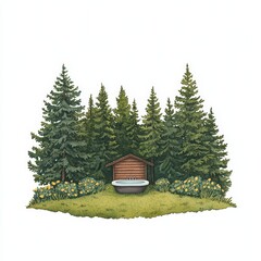 Serene Forest Scene Featuring Wooden Cabin and Vintage Bathtub