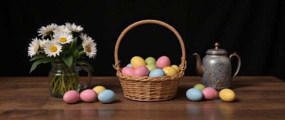 A rustic wooden table setting with a basket of Easter eggs, fresh flowers, and a few scattered pastel-colored eggs, evoking a cozy spring feel