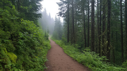 Obraz premium serene forest path surrounded by lush greenery and veiled in morning mist, creating tranquil atmosphere