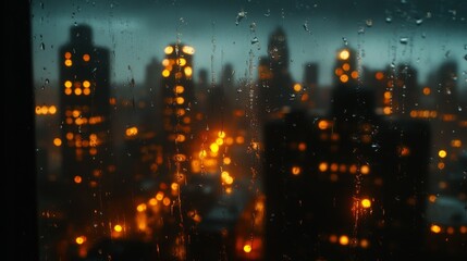 Obraz premium 14.Blurred cityscape at night seen through a rain-speckled window, glowing streetlights and car headlights creating a warm bokeh effect amid cold raindrops.