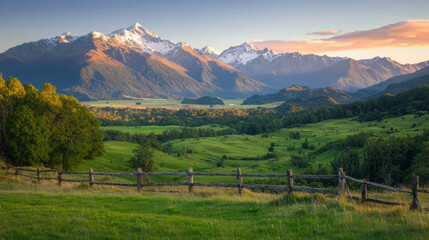serene mountain range at sunrise with soft pink hues, lush green valley, and rustic wooden fence