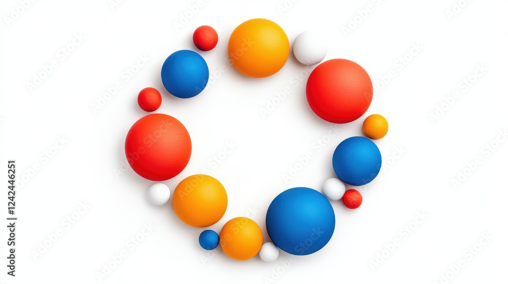 Poster colorful spheres arranged in a circular pattern on a white background
