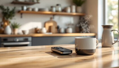 Coffee mug remote control sits on kitchen table