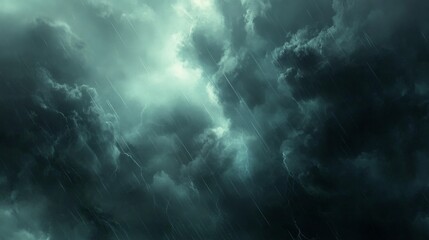 Obraz premium 20.Dramatic sky with layers of storm clouds in varying shades of gray, heavy rainfall streaking down, and faint light breaking through the gloom in the distance.