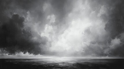 Obraz premium 20.Dramatic sky with layers of storm clouds in varying shades of gray, heavy rainfall streaking down, and faint light breaking through the gloom in the distance.