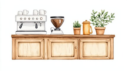 Charming Coffee Station with Equipment and Greenery in Kitchen