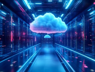 Futuristic Cloud Computing Concept with Neon-Glowing Server Racks, Data Streams, and Digital Connections Representing Modern Cloud Storage and Networking