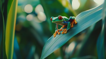 Naklejka premium 32.Vibrant red-eyed tree frog perched on a lush green leaf, its bright orange toes gripping the surface, with a blurred jungle background.