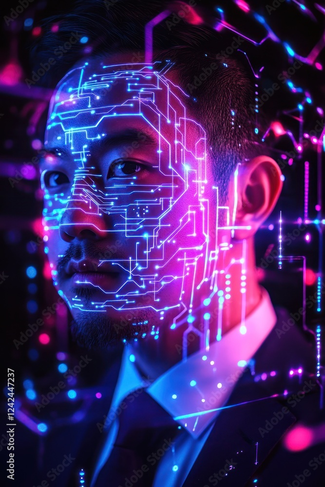 Aufkleber man with circuit pattern on face, tech, neon lights background. tech and science marketing image