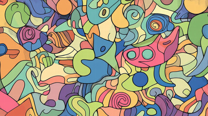 Naklejka premium Colorful abstract doodle shapes create vibrant and cheerful composition, showcasing playful mix of curves and lines in various hues. This lively artwork evokes joy and creativity