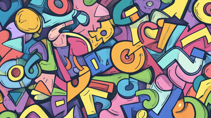 Colorful doodle shapes and letters create vibrant, cheerful pattern, perfect for artistic projects or playful designs. lively colors and playful forms evoke sense of joy and creativity