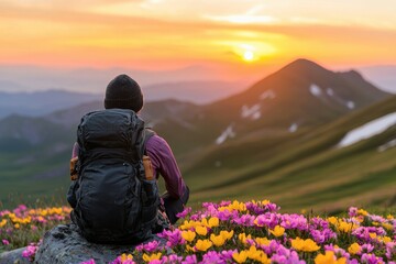 Scenic Sunset View with Backpacker Surrounded by Colorful Flowers