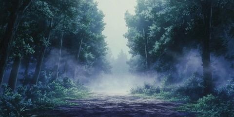 Obraz premium Misty enchanted anime forest, foggy background, hazy trees, mystical atmospheric scenery