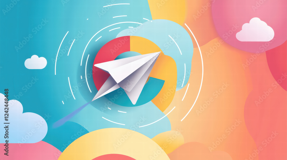 Poster paper plane flying through colorful abstract background with clouds, symbolizing creativity and comm