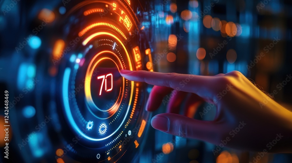 Poster close-up of a hand adjusting a futuristic digital display with glowing circular elements and a numer