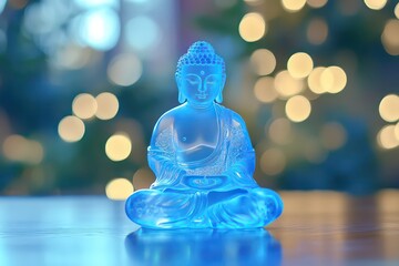 medicine buddha real like person, with blue spiritual lighting, meditation, realistic, cinematic lighting, traditional chinese background with bokeh lighting