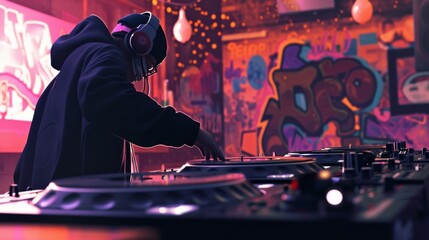 DJ creating a vibrant music atmosphere while spinning records on turntables