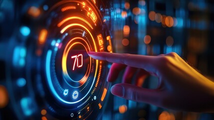 Close-up of a hand adjusting a futuristic digital display with glowing circular elements and a numeric readout, showcasing modern technology and innovation