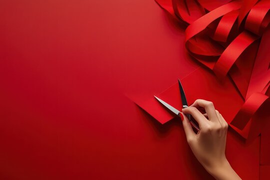 Medium shot. Scissors,Square red drawing paper,huge red cardboard,The background is on the table. Hand holding a big red paper cutout,