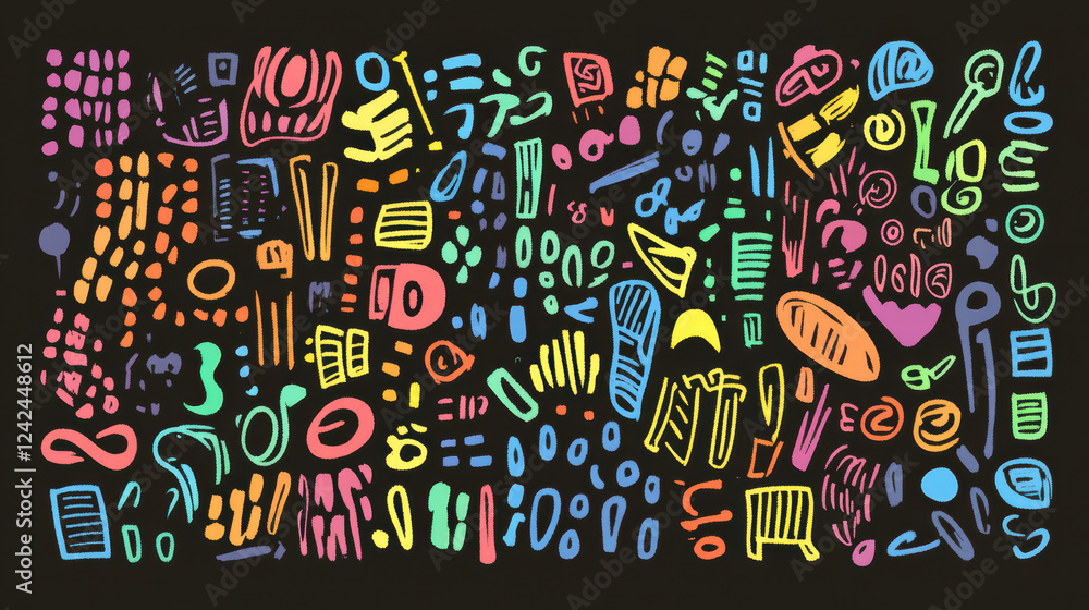 Poster colorful doodle shapes create lively and vibrant pattern, perfect for creative projects and designs.