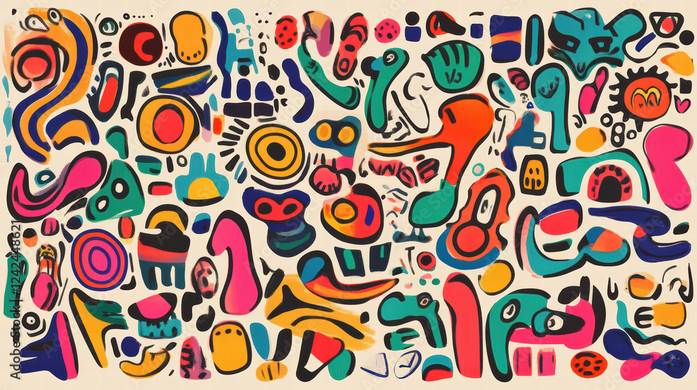 Poster colorful doodle shapes create lively and vibrant pattern, perfect for artistic projects or advertise