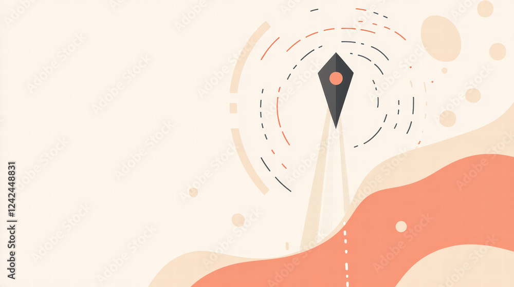 Poster minimalist illustration of paper plane navigating through abstract shapes and lines, symbolizing dir