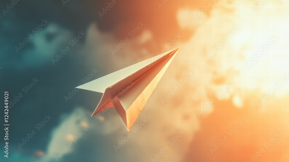 Poster paper airplane soaring through bright sky, symbolizing dreams and aspirations. warm colors and soft 
