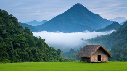 Obraz premium Serene Landscape with Traditional Hut and Lush Green Mountains