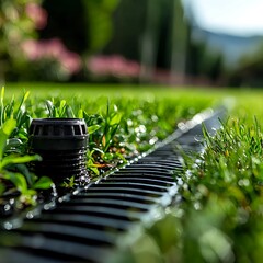 Close-up View of Black Drainage System in Lush Green Lawn