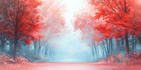 Autumn anime cartoon forest, misty moody background, foggy woodland landscape, fall colors scenery